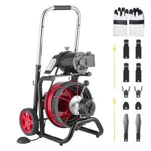 Drain Cleaner Machine 100FT x 3/8 Inch, Auto Feed Sewer Snake Auger on Wheels, 370W Portable Drain Cleaning Machine with 8 Cutters & Air-activated Foot Switch for 2" to 4" Pipes Drain Cleaner Machine 100FT x 3/8 Inch, Auto Feed Sewer Snake Auger on Wheels, 370W Portable Drain Cleaning Machine with 8 Cutters & Air-activated Foot Switch for 2" to 4" Pipes