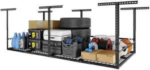 4x8 Overhead Garage Storage Rack with 3-Sided Guard Rails, Heavy-Duty Metal Ceiling Racks, Safety Ceiling Storage System, 750 lbs Capacity, Adjustable Height 2240", Black, Classic Series 4x8 Overhead Garage Storage Rack with 3-Sided Guard Rails, Heavy-Duty Metal Ceiling Racks, Safety Ceiling Storage System, 750 lbs Capacity, Adjustable Height 2240", Black, Classic Series