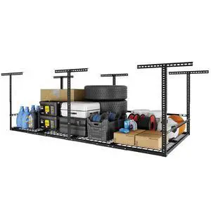 4x8 Overhead Garage Storage Rack with 3-Sided Guard Rails, Heavy-Duty Metal Ceiling Racks, 750 lbs Capacity, 2240" Height Adjustable Organization System, Hammertone, Classic Series 4x8 Overhead Garage Storage Rack with 3-Sided Guard Rails, Heavy-Duty Metal Ceiling Racks, 750 lbs Capacity, 2240" Height Adjustable Organization System, Hammertone, Classic Series