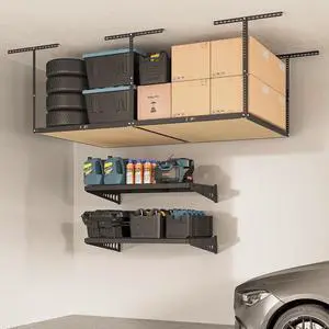 4x8 Overhead Garage Storage Rack without Decking, plus 2-Pack 2x4ft Wall Shelving Rack for Bikes and Tools, 450lbs+440lbs Capacity, Heavy-Duty Garage Organizer, Black 4x8 Overhead Garage Storage Rack without Decking, plus 2-Pack 2x4ft Wall Shelving Rack for Bikes and Tools, 450lbs+440lbs Capacity, Heavy-Duty Garage Organizer, Black