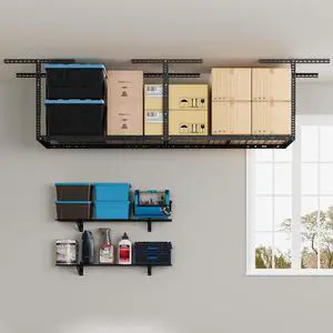 2x8 Overhead Garage Storage Adjustable Ceiling Storage Rack with 2-Pack 1x4ft 12-inch-by-48-inch Wall Shelf, 400lbs+300lbs Capacity, Black 2x8 Overhead Garage Storage Adjustable Ceiling Storage Rack with 2-Pack 1x4ft 12-inch-by-48-inch Wall Shelf, 400lbs+300lbs Capacity, Black