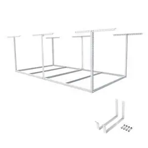 4x8 Overhead Garage Storage Rack without Decking,plus 2-Pack Add-On Storage Utility Hook Accessory,600lbs Weight Capacity, White 4x8 Overhead Garage Storage Rack without Decking,plus 2-Pack Add-On Storage Utility Hook Accessory,600lbs Weight Capacity, White