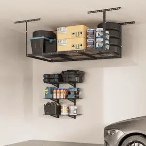 3x6 Overhead Garage Storage Rack, plus 3-Tier 1x3ft Wall Mounted Adjustable Shelving Unit, 450lbs+450lbs Capacity, Floating Garage Storage, Black 3x6 Overhead Garage Storage Rack, plus 3-Tier 1x3ft Wall Mounted Adjustable Shelving Unit, 450lbs+450lbs Capacity, Floating Garage Storage, Black