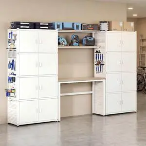 Garage Storage Cabinet System, 3-in-1 Modular System with Integrated Workbench, Cabinets & Pegboard, 24-Gauge Steel, 117" L, 8-Door Cabinet for Garage Workshop, White, FLEXIMOD Series Garage Storage Cabinet System, 3-in-1 Modular System with Integrated Workbench, Cabinets & Pegboard, 24-Gauge Steel, 117" L, 8-Door Cabinet for Garage Workshop, White, FLEXIMOD Series