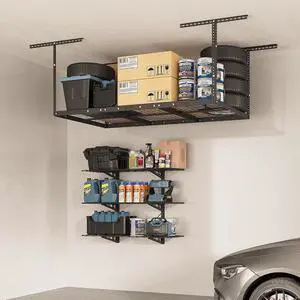 3x6 Overhead Garage Storage Rack, plus 3-Tier 1x4ft Wall Mounted Adjustable Shelving Unit, 450lbs+450lbs Capacity, Black Steel Frame 3x6 Overhead Garage Storage Rack, plus 3-Tier 1x4ft Wall Mounted Adjustable Shelving Unit, 450lbs+450lbs Capacity, Black Steel Frame