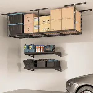 2x8 Overhead Garage Storage Rack, plus 2-Pack 2x4ft Wall Shelving Rack for Bikes and Tools, 450lbs+440lbs Capacity, Heavy-Duty Garage Organizer, Black 2x8 Overhead Garage Storage Rack, plus 2-Pack 2x4ft Wall Shelving Rack for Bikes and Tools, 450lbs+440lbs Capacity, Heavy-Duty Garage Organizer, Black