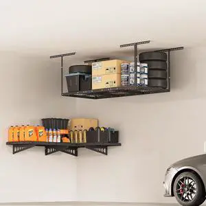 3x6 Overhead Garage Storage Rack, plus 2-Pack 2x4ft Corner Wall Mounted Floating Shelves, 450lbs+440lbs Capacity, Heavy-Duty Garage Organizer, Black 3x6 Overhead Garage Storage Rack, plus 2-Pack 2x4ft Corner Wall Mounted Floating Shelves, 450lbs+440lbs Capacity, Heavy-Duty Garage Organizer, Black
