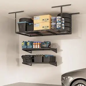 3x6 Overhead Garage Storage Rack, plus 2-Pack 2x4ft Wall Shelving Rack for Bikes and Tools, 450lbs+440lbs Capacity, Black Steel Frame 3x6 Overhead Garage Storage Rack, plus 2-Pack 2x4ft Wall Shelving Rack for Bikes and Tools, 450lbs+440lbs Capacity, Black Steel Frame