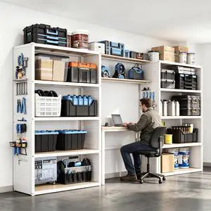 Garage Storage System with Workbench & Pegboard, 142" Modular Garage Organization System, Steel Garage Shelving with Wood Shelves & Tool Organizer for Garage, White FLEXIMOD Series Garage Storage System with Workbench & Pegboard, 142" Modular Garage Organization System, Steel Garage Shelving with Wood Shelves & Tool Organizer for Garage, White FLEXIMOD Series