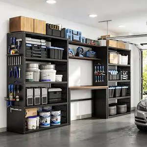 Garage Storage System with Workbench & Pegboard, 142" Modular Garage Organization System, Heavy Duty Steel Garage Shelving & Tool Organizer for Garage Workshop, Black FLEXIMOD Series Garage Storage System with Workbench & Pegboard, 142" Modular Garage Organization System, Heavy Duty Steel Garage Shelving & Tool Organizer for Garage Workshop, Black FLEXIMOD Series