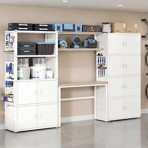 Garage Storage Cabinet System, 3-in-1 Modular System with Integrated Workbench, Cabinets & Pegboard, 24-Gauge Steel, 117" L, 6-Door Cabinet for Garage Workshop, White, FLEXIMOD Series Garage Storage Cabinet System, 3-in-1 Modular System with Integrated Workbench, Cabinets & Pegboard, 24-Gauge Steel, 117" L, 6-Door Cabinet for Garage Workshop, White, FLEXIMOD Series