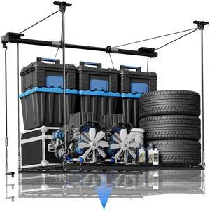 GL1 Overhead Garage Lifting Storage Rack, 4x4 Ft Heavy-Duty Metal Garage Ceiling Rack, Adjustable Organization System With 71''L Axle, 350lbs Weight, Black GL1 Overhead Garage Lifting Storage Rack, 4x4 Ft Heavy-Duty Metal Garage Ceiling Rack, Adjustable Organization System With 71''L Axle, 350lbs Weight, Black