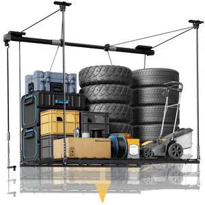 Garage Ceiling Lifting Storage Rack, 4x4 Ft Heavy-Duty Metal Frame, Overhead Storage System With 350lbs Load Capacity, Matt Black Garage Ceiling Lifting Storage Rack, 4x4 Ft Heavy-Duty Metal Frame, Overhead Storage System With 350lbs Load Capacity, Matt Black