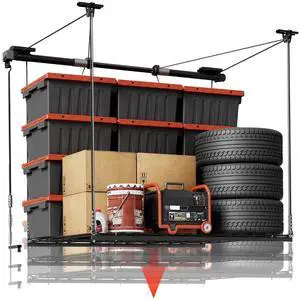 Overhead Garage Storage Rack Lift, 4x4 Ft Heavy-Duty Garage Ceiling Storage Racks, Adjustable Organization System With 71'' L Axle, 350lbs Load Capacity, Flat Black Overhead Garage Storage Rack Lift, 4x4 Ft Heavy-Duty Garage Ceiling Storage Racks, Adjustable Organization System With 71'' L Axle, 350lbs Load Capacity, Flat Black