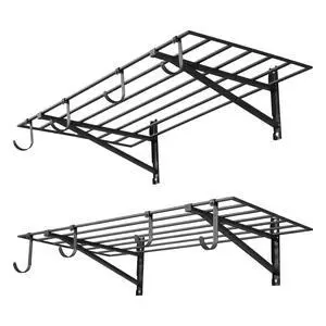 2-Tier Heavy Duty Wall Garage Shelving, 2 x 4 ft Steel Wall Mounted Shelving Unit with Hooks, 24 x 48 Inch Per Shelf Floating Storage Metal Rack for Garage, 520 lbs Total Weight Capacity, Black 2-Tier Heavy Duty Wall Garage Shelving, 2 x 4 ft Steel Wall Mounted Shelving Unit with Hooks, 24 x 48 Inch Per Shelf Floating Storage Metal Rack for Garage, 520 lbs Total Weight Capacity, Black