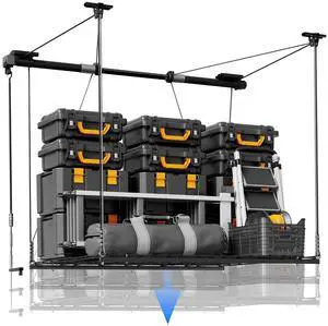 Overhead Garage Storage Rack, 4x4 Ft Heavy-Duty Garage Ceiling Storage Racks, Adjustable Organization System with 71'' L Axle, 350lbs Weight Capacity, Carbon Black Overhead Garage Storage Rack, 4x4 Ft Heavy-Duty Garage Ceiling Storage Racks, Adjustable Organization System with 71'' L Axle, 350lbs Weight Capacity, Carbon Black