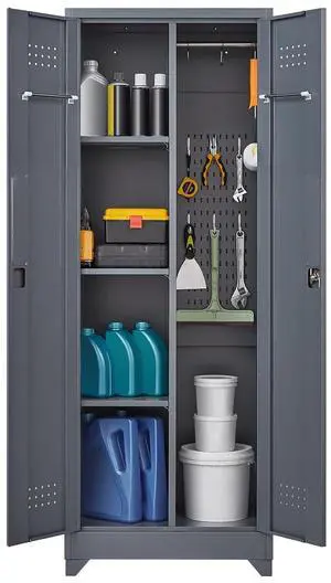65'' Tall Metal Storage Cabinet with Locking Door, Large Cleaning Tool Organizer for Brooms, Garage, Laundry Room, Bathroom, Dark Grey 65'' Tall Metal Storage Cabinet with Locking Door, Large Cleaning Tool Organizer for Brooms, Garage, Laundry Room, Bathroom, Dark Grey