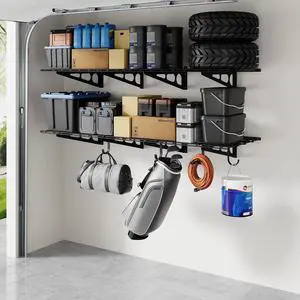 2-Pack 2x6ft Garage Shelving with Hooks, 24-inch-by-72-inch Wall Shelf Garage Storage Racks Floating Shelves, Black, Classic Series 2-Pack 2x6ft Garage Shelving with Hooks, 24-inch-by-72-inch Wall Shelf Garage Storage Racks Floating Shelves, Black, Classic Series