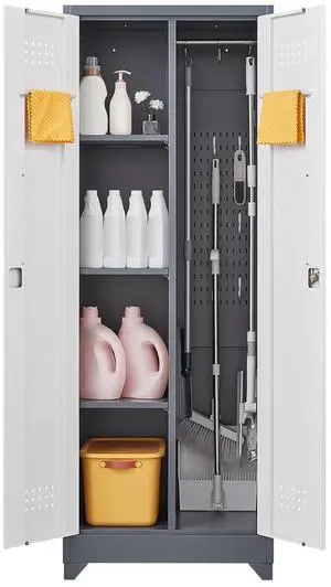 65'' Tall Metal Storage Cabinet with Locking Door, Large Cleaning Tool Organizer for Brooms, Garage, Laundry Room, Bathroom, Grey-White 65'' Tall Metal Storage Cabinet with Locking Door, Large Cleaning Tool Organizer for Brooms, Garage, Laundry Room, Bathroom, Grey-White