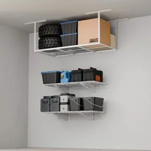 Garage Storage Bundle 2-Pack 2x4ft Wall Mounted Floating Shelves 24"x48"& 3x6ft Adjustable Overhead Ceiling Rack 72"x36"x40", 450lbs Capacity, White Garage Storage Bundle 2-Pack 2x4ft Wall Mounted Floating Shelves 24"x48"& 3x6ft Adjustable Overhead Ceiling Rack 72"x36"x40", 450lbs Capacity, White