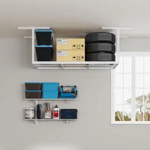 3x6 Overhead Garage Storage Adjustable Ceiling Storage Rack with 2-Pack 1x4ft 12-inch-by-48-inch Wall Shelf, 450lbs+300lbs Capacity,White 3x6 Overhead Garage Storage Adjustable Ceiling Storage Rack with 2-Pack 1x4ft 12-inch-by-48-inch Wall Shelf, 450lbs+300lbs Capacity,White