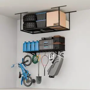 Garage Storage Bundle 1x4ft Wall Shelf with 6 Bike Hooks (150 lbs Capacity) & 3x6 Adjustable Overhead Ceiling Rack (72"x36"x40", 450 lbs Capacity), Heavy-Duty Metal Garage Organization S Garage Storage Bundle 1x4ft Wall Shelf with 6 Bike Hooks (150 lbs Capacity) & 3x6 Adjustable Overhead Ceiling Rack (72"x36"x40", 450 lbs Capacity), Heavy-Duty Metal Garage Organization S