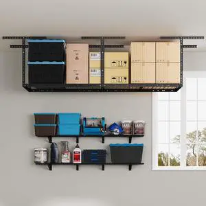 2x8 Overhead Garage Storage Adjustable Ceiling Storage Rack with 2-Pack 1x6ft 12-inch-by-72-inch Wall Shelf, 400lbs+600lbs Capacity,Black 2x8 Overhead Garage Storage Adjustable Ceiling Storage Rack with 2-Pack 1x6ft 12-inch-by-72-inch Wall Shelf, 400lbs+600lbs Capacity,Black