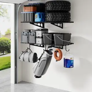 2-Pack 2x4ft Garage Shelving with Hooks, 24-inch-by-48-inch Wall Shelf Garage Storage Racks Floating Shelves, Black, Classic Series 2-Pack 2x4ft Garage Shelving with Hooks, 24-inch-by-48-inch Wall Shelf Garage Storage Racks Floating Shelves, Black, Classic Series