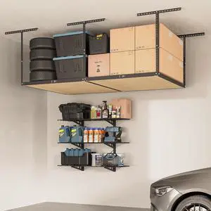 4x8 Overhead Garage Storage Rack without Decking, plus 3-Tier 1x4ft Wall Mounted Adjustable Shelving Unit, 450lbs+450lbs Capacity, Heavy-Duty Garage Organizer, Black 4x8 Overhead Garage Storage Rack without Decking, plus 3-Tier 1x4ft Wall Mounted Adjustable Shelving Unit, 450lbs+450lbs Capacity, Heavy-Duty Garage Organizer, Black