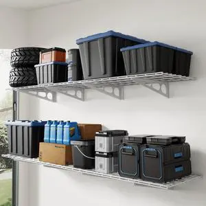 4-Pack 2x4ft 24-inch-by-48-inch Wall Shelf Garage Storage Rack Wall Mounted Floating Shelves, Total 1200lbs Capacity, White, Classic Series 4-Pack 2x4ft 24-inch-by-48-inch Wall Shelf Garage Storage Rack Wall Mounted Floating Shelves, Total 1200lbs Capacity, White, Classic Series