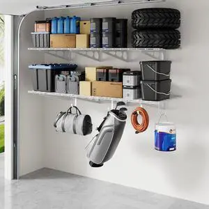 2-Pack 2x6ft Garage Shelving with Hooks, 24-inch-by-72-inch Wall Shelf Garage Storage Racks Floating Shelves, White, Classic Series 2-Pack 2x6ft Garage Shelving with Hooks, 24-inch-by-72-inch Wall Shelf Garage Storage Racks Floating Shelves, White, Classic Series