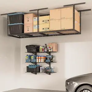 2x8 Overhead Garage Storage Rack, plus 3-Tier 1x4ft Wall Mounted Adjustable Shelving Unit, 450lbs+450lbs Capacity, Heavy-Duty Garage Organizer, Black 2x8 Overhead Garage Storage Rack, plus 3-Tier 1x4ft Wall Mounted Adjustable Shelving Unit, 450lbs+450lbs Capacity, Heavy-Duty Garage Organizer, Black