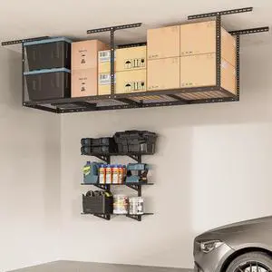 2x8 Overhead Garage Storage Rack, plus 3-Tier 1x3ft Wall Mounted Adjustable Shelving Unit, 450lbs+450lbs Capacity, Heavy-Duty Garage Organizer, Black 2x8 Overhead Garage Storage Rack, plus 3-Tier 1x3ft Wall Mounted Adjustable Shelving Unit, 450lbs+450lbs Capacity, Heavy-Duty Garage Organizer, Black