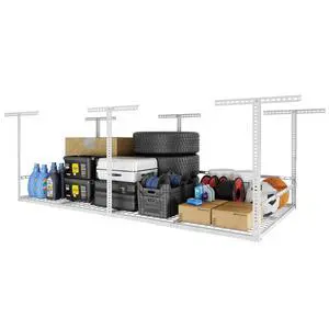 4x8 Overhead Garage Storage Rack with 3-Sided Guard Rails, Heavy-Duty Metal Ceiling Racks, Safety Ceiling Storage System, 750 lbs Capacity, Adjustable Height 2240", White, Classic Series 4x8 Overhead Garage Storage Rack with 3-Sided Guard Rails, Heavy-Duty Metal Ceiling Racks, Safety Ceiling Storage System, 750 lbs Capacity, Adjustable Height 2240", White, Classic Series