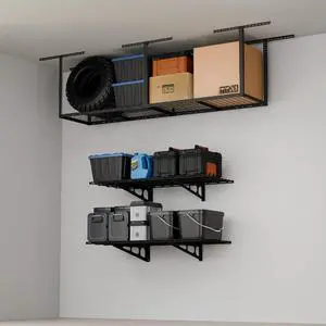 Garage Storage Bundle 2-Pack 2x4ft Wall Mounted Floating Shelves (24"x48") & 2x8 Adjustable Overhead Ceiling Rack, Heavy-Duty Metal Storage System, 400lbs Capacity, Black Garage Storage Bundle 2-Pack 2x4ft Wall Mounted Floating Shelves (24"x48") & 2x8 Adjustable Overhead Ceiling Rack, Heavy-Duty Metal Storage System, 400lbs Capacity, Black