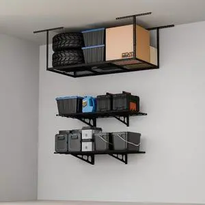 Garage Storage Bundle 2-Pack 2x4ft Wall Mounted Floating Shelves 24"x48"& 3x6ft Adjustable Overhead Ceiling Rack 72"x36"x40", 450lbs Capacity, Black Garage Storage Bundle 2-Pack 2x4ft Wall Mounted Floating Shelves 24"x48"& 3x6ft Adjustable Overhead Ceiling Rack 72"x36"x40", 450lbs Capacity, Black