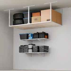 Garage Storage Bundle 2-Pack 2x4ft Wall Mounted Floating Shelves (24"x48") & 4x8 Overhead Garage Storage Rack Without Decking, Heavy-Duty Metal Ceiling Storage System, 600lbs Capacity Garage Storage Bundle 2-Pack 2x4ft Wall Mounted Floating Shelves (24"x48") & 4x8 Overhead Garage Storage Rack Without Decking, Heavy-Duty Metal Ceiling Storage System, 600lbs Capacity