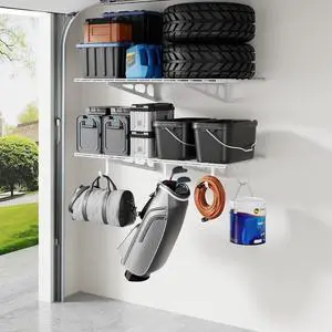 2-Pack 2x4ft Garage Shelving with Hooks, 24-inch-by-48-inch Wall Shelf Garage Storage Racks Floating Shelves, White, Classic Series 2-Pack 2x4ft Garage Shelving with Hooks, 24-inch-by-48-inch Wall Shelf Garage Storage Racks Floating Shelves, White, Classic Series
