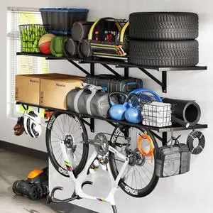 2-Pack 2x6ft Heavy Duty Garage Wall Shelving, 1200lbs Capacity, Garage Shelving Wall Mounted with 8 Hooks, Storage for Power Tools, Garden Supplies, Storage Bins, Lite Series 2-Pack 2x6ft Heavy Duty Garage Wall Shelving, 1200lbs Capacity, Garage Shelving Wall Mounted with 8 Hooks, Storage for Power Tools, Garden Supplies, Storage Bins, Lite Series