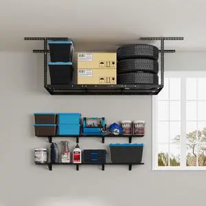 3x6 Overhead Garage Storage Adjustable Ceiling Storage Rack with 2-Pack 1x6ft 12-inch-by-72-inch Wall Shelf, 450lbs+600lbs Capacity,Black 3x6 Overhead Garage Storage Adjustable Ceiling Storage Rack with 2-Pack 1x6ft 12-inch-by-72-inch Wall Shelf, 450lbs+600lbs Capacity,Black
