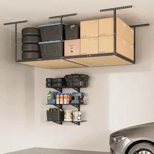 4x8 Overhead Garage Storage Rack without Decking, plus 3-Tier 1x3ft Wall Mounted Adjustable Shelving Unit, 450lbs+450lbs Capacity, Heavy-Duty Garage Organizer, Black 4x8 Overhead Garage Storage Rack without Decking, plus 3-Tier 1x3ft Wall Mounted Adjustable Shelving Unit, 450lbs+450lbs Capacity, Heavy-Duty Garage Organizer, Black