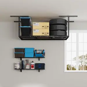 3x6 Overhead Garage Storage Adjustable Ceiling Storage Rack with 2-Pack 1x4ft 12-inch-by-48-inch Wall Shelf, 450lbs+300lbs Capacity, Black 3x6 Overhead Garage Storage Adjustable Ceiling Storage Rack with 2-Pack 1x4ft 12-inch-by-48-inch Wall Shelf, 450lbs+300lbs Capacity, Black
