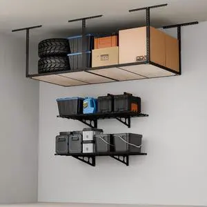 Garage Storage Bundle 2-Pack 2x4ft Wall Mounted Floating Shelves (24"x48") & 4x8 Overhead Garage Storage Rack Without Decking, Heavy-Duty Metal Ceiling Storage System, 600lbs Capacity Garage Storage Bundle 2-Pack 2x4ft Wall Mounted Floating Shelves (24"x48") & 4x8 Overhead Garage Storage Rack Without Decking, Heavy-Duty Metal Ceiling Storage System, 600lbs Capacity