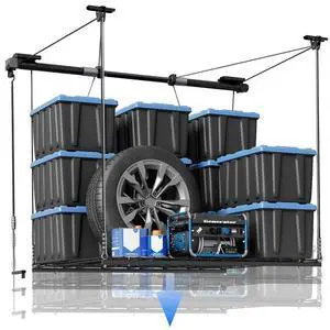 Garage Lifting Metal Rack, 4x4 Ft Overhead Garage Storage Racks, Adjustable Heavy-Duty Ceiling Organization System, 350lbs Weight, Satin Black Garage Lifting Metal Rack, 4x4 Ft Overhead Garage Storage Racks, Adjustable Heavy-Duty Ceiling Organization System, 350lbs Weight, Satin Black