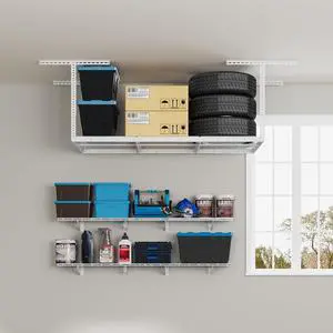 3x6 Overhead Garage Storage Adjustable Ceiling Storage Rack with 2-Pack 1x6ft 12-inch-by-72-inch Wall Shelf, 450lbs+600lbs Capacity,White 3x6 Overhead Garage Storage Adjustable Ceiling Storage Rack with 2-Pack 1x6ft 12-inch-by-72-inch Wall Shelf, 450lbs+600lbs Capacity,White