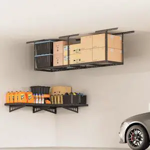 2x8 Overhead Garage Storage Rack, plus 2-Pack 2x4ft Corner Wall Mounted Floating Shelves, 450lbs+440lbs Capacity, Heavy-Duty Garage Organizer, Black 2x8 Overhead Garage Storage Rack, plus 2-Pack 2x4ft Corner Wall Mounted Floating Shelves, 450lbs+440lbs Capacity, Heavy-Duty Garage Organizer, Black