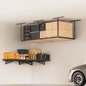4x8 Overhead Garage Storage Rack without Decking, plus 2-Pack 2x4ft Corner Wall Mounted Floating Shelves, 450lbs+440lbs Capacity, Heavy-Duty Garage Organizer, Black 4x8 Overhead Garage Storage Rack without Decking, plus 2-Pack 2x4ft Corner Wall Mounted Floating Shelves, 450lbs+440lbs Capacity, Heavy-Duty Garage Organizer, Black