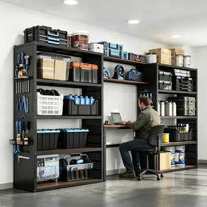 Garage Storage System with Workbench & Pegboard, 142" Modular Garage Organization System, Steel Garage Shelving with Wood Shelves & Tool Organizer for Garage, Black FLEXIMOD Series Garage Storage System with Workbench & Pegboard, 142" Modular Garage Organization System, Steel Garage Shelving with Wood Shelves & Tool Organizer for Garage, Black FLEXIMOD Series