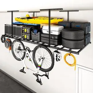 4x8 Overhead Garage Storage Rack with 6 Hooks, Adjustable Storage Organization System, Heavy-Duty Metal Ceiling Racks, 22.6" -39.4" Ceiling Dropdown, Black, Lite Series 4x8 Overhead Garage Storage Rack with 6 Hooks, Adjustable Storage Organization System, Heavy-Duty Metal Ceiling Racks, 22.6" -39.4" Ceiling Dropdown, Black, Lite Series