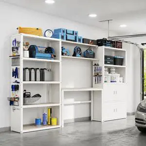 Garage Storage Cabinet System, 3-in-1 Modular Metal Tool Cabinet w/ Workbench and Particle Board Shelf Includes Pegboard, 24-Gauge Steel, 117"(L) w/ 2 Doors, White, FLEXIMOD Series Garage Storage Cabinet System, 3-in-1 Modular Metal Tool Cabinet w/ Workbench and Particle Board Shelf Includes Pegboard, 24-Gauge Steel, 117"(L) w/ 2 Doors, White, FLEXIMOD Series